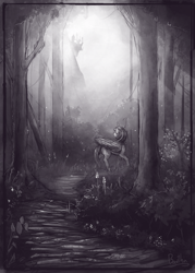Size: 1980x2769 | Tagged: safe, artist:bantha, imported from derpibooru, twilight sparkle, alicorn, pony, canterlot, crepuscular rays, female, forest, grass, grayscale, mare, monochrome, nature, raised hoof, scenery, solo, trail, tree, twilight sparkle (alicorn), walking