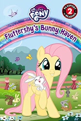 Size: 333x500 | Tagged: safe, imported from derpibooru, angel bunny, fluttershy, bird, butterfly, rabbit, fluttershy leans in, cute, fluttershy's bunny haven, my little pony logo, official, shyabetes