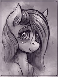 Size: 852x1132 | Tagged: safe, artist:bantha, imported from derpibooru, fluttershy, pony, bust, female, monochrome, portrait, solo