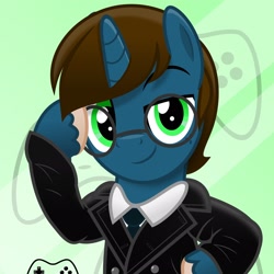 Size: 2048x2048 | Tagged: safe, artist:jhayarr23, imported from derpibooru, oc, oc only, oc:jeremy gamer, pony, unicorn, abstract background, bipedal, business suit, clothes, controller, glasses, horn, male, necktie, salute, solo, unicorn oc, unshorn fetlocks