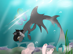 Size: 1280x960 | Tagged: safe, artist:humble-ravenwolf, artist:ravenhoof, imported from derpibooru, oc, oc:ravenhoof, merpony, original species, shark pony, jewelry, male, mermay, mermay2018, necklace, ocean, reef, shell, underwater