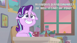 Size: 1280x717 | Tagged: safe, edit, edited screencap, imported from derpibooru, screencap, starlight glimmer, pony, unicorn, student counsel, black bars, blatant lies, bowl, bracelet, cartoonito logo, cup, dialogue, female, floppy ears, jewelry, mare, meta, ponut, solo