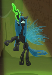 Size: 558x797 | Tagged: safe, imported from derpibooru, screencap, queen chrysalis, changeling, changeling queen, frenemies (episode), cropped, female, flying, glowing horn, horn, solo, spotlight