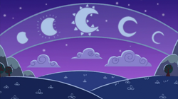 Size: 2100x1180 | Tagged: safe, imported from derpibooru, screencap, frenemies (episode), cloud, crescent moon, hill, lunar phases, moon, mountain, night, no pony, storybook, tree