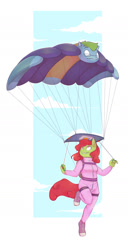 Size: 1024x1997 | Tagged: safe, artist:fauvfox, imported from derpibooru, oc, oc only, oc:software patch, oc:windcatcher, anthro, anthro oc, clothes, cloud, commission, converse, female, flying, frown, glasses, grin, gritted teeth, inanimate tf, jumpsuit, living object, looking down, looking up, male, mare, messy mane, objectification, parachute, shoes, skydiving, smiling, stallion, transformation, transformed, wat, wavy mouth, wide eyes, windpatch