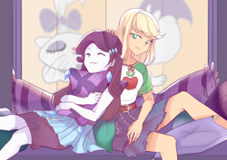 Size: 1280x907 | Tagged: safe, artist:kakumlp, imported from derpibooru, applejack, opalescence, rarity, camping must-haves, equestria girls, spoiler:eqg series (season 2), cute, female, head pat, jackabetes, lesbian, pat, pillow, raribetes, rarijack, rarity peplum dress, rarity's bedroom, screen, shipping