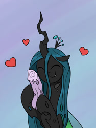 Size: 900x1200 | Tagged: safe, artist:mew-me, imported from derpibooru, mean twilight sparkle, queen chrysalis, changeling, changeling queen, frenemies (episode), blue background, cargo ship, dead, evil twilight, eyes closed, female, heart, hug, log, shipping, simple background, smiling, twilog