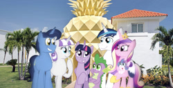 Size: 663x339 | Tagged: safe, artist:crazynutbob, artist:sketcha-holic, editor:undeadponysoldier, imported from derpibooru, night light, princess cadance, princess flurry heart, shining armor, spike, twilight sparkle, twilight sparkle (alicorn), twilight velvet, alicorn, dragon, pony, unicorn, crown, dragons in real life, family vacation, female, filly, irl, jewelry, mare, nickelodeon suite resort, nightlight, palm tree, photo, pineapple villa, ponies in real life, punta cana, regalia, resort, sparkle family, spike's family, spongebob squarepants, summer, tree, twilight's family, twilight's parents, vacation, villa