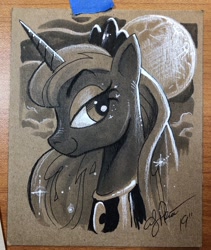 Size: 866x1024 | Tagged: safe, artist:andypriceart, imported from derpibooru, princess luna, alicorn, pony, colored pencil drawing, crown, female, grayscale, jewelry, mare, monochrome, moon, regalia, solo, traditional art