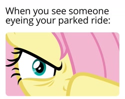 Size: 1157x921 | Tagged: safe, edit, edited screencap, editor:apex soundwave, imported from derpibooru, screencap, fluttershy, pegasus, pony, best gift ever, angry, bangs, caption, car, female, fluttershy is not amused, image macro, imminent death, implied car, looking at you, mare, solo, text, unamused