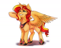 Size: 2400x1900 | Tagged: safe, artist:arinadler, imported from derpibooru, sunset shimmer, alicorn, pony, alicornified, female, grin, hoof shoes, peytral, race swap, shimmercorn, simple background, smiling, solo, spread wings, white background, wings