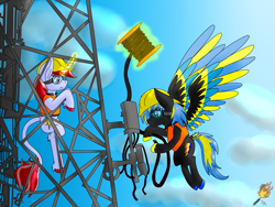 Size: 2395x1800 | Tagged: safe, artist:midnightfire1222, imported from derpibooru, oc, oc:arc flash, oc:cinnamon lightning, pegasus, pony, unicorn, construction, curved horn, duo, electrical tower, electrical work, flying, glowing horn, hard hat, horn, leonine tail, magic, safety vest, telekinesis, unshorn fetlocks, wires