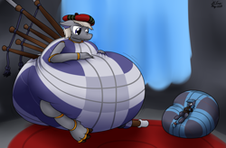 Size: 3107x2038 | Tagged: safe, artist:the-furry-railfan, imported from derpibooru, oc, oc only, oc:hylund, oc:night strike, original species, pegasus, bagpipe dragon, belly, big belly, cave, clothes, curtains, cushion, hat, huge belly, impossibly large belly, inflation, jacket, plaid, rug, squishy, story included, tam o' shanter, tartan