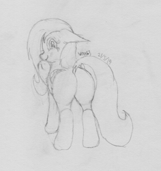 Size: 3259x3452 | Tagged: safe, artist:wapamario63, imported from derpibooru, fluttershy, pony, butt, cute, female, flutterbutt, looking at you, mare, monochrome, plot, rear view, smiling, solo, traditional art