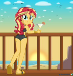 Size: 5000x5206 | Tagged: safe, artist:keronianniroro, imported from derpibooru, sunset shimmer, equestria girls, equestria girls series, absurd resolution, ass, beach, bikini, bikini bottom, bunset shimmer, butt, clothes, cocktail, cocktail glass, feet, female, flip-flops, looking at you, looking back, looking back at you, ocean, sand, sandals, sexy, signature, solo, stupid sexy sunset shimmer, summer sunset, sunset, sunset shimmer's beach shorts swimsuit, sunsex shimmer, swimsuit