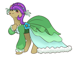 Size: 1280x974 | Tagged: safe, artist:night-iris, imported from derpibooru, yona, pony, she's all yak, blushing, clothes, cute, dress, female, flower, lidded eyes, ponified, pony yona, simple background, solo, species swap, white background, wig, yonadorable