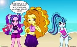 Size: 1500x927 | Tagged: safe, artist:dieart77, imported from derpibooru, adagio dazzle, aria blaze, sonata dusk, equestria girls, rainbow rocks, beach, belly button, breasts, cleavage, clothes, dialogue, female, insult, looking at you, midriff, ocean, one-piece swimsuit, pigtails, ponytail, radio, sand, sarong, smiling, speech bubble, swimsuit, the dazzlings, twintails