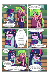 Size: 2650x4096 | Tagged: safe, artist:verumteednp, deleted from derpibooru, imported from derpibooru, lemon zest, sci-twi, twilight sparkle, comic:sparkling shimmer, equestria girls, backpack, chapter 3, clothes, comic, dialogue, eyes closed, female, glasses, sitting, smiling, speech bubble