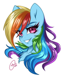 Size: 1280x1612 | Tagged: safe, artist:yukie-shan, imported from derpibooru, rainbow dash, pony, anatomically incorrect, bust, chest fluff, cute, dashabetes, eye clipping through hair, female, grin, mare, portrait, simple background, smiling, solo, transparent background