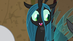 Size: 1920x1080 | Tagged: safe, imported from derpibooru, screencap, lord tirek, queen chrysalis, changeling, changeling queen, frenemies (episode), better way to be bad, cute, cutealis, female, happy, smiling, solo, solo focus, when she smiles