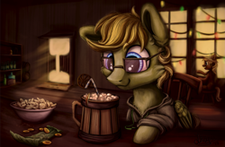 Size: 2765x1819 | Tagged: safe, artist:sharimapic, imported from derpibooru, oc, oc:donnik, earth pony, pony, appleloosa, cider, commission, glasses, pub, sunshine, western, ych result, your character here