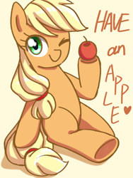 Size: 1080x1440 | Tagged: safe, artist:tastyrainbow, imported from derpibooru, applejack, earth pony, pony, apple, cute, female, food, jackabetes, mare, obligatory apple, one eye closed, simple background, sitting, solo, underhoof, wink, yellow background