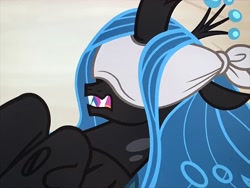 Size: 4032x3024 | Tagged: safe, imported from derpibooru, screencap, queen chrysalis, changeling, changeling queen, frenemies (episode), blindfold, female, solo