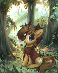 Size: 1200x1508 | Tagged: safe, artist:mirroredsea, imported from derpibooru, oc, oc only, oc:buckwheat, pony, unicorn, clothes, cute, female, forest, hat, looking at you, mare, ocbetes, scenery, sitting, smiling, solo, tree