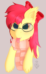 Size: 2000x3200 | Tagged: safe, artist:batsdisaster, imported from derpibooru, apple bloom, bat pony, pony, bat ponified, clothes, fangs, female, glasses, race swap, scarf, tongue out