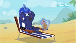 Size: 1920x1080 | Tagged: safe, deleted from derpibooru, imported from derpibooru, screencap, princess luna, alicorn, pony, between dark and dawn, alternate hairstyle, barehoof, beach, beach chair, crossed legs, eyeliner, female, folded wings, glowing horn, hair bun, hooves behind head, horn, levitation, lidded eyes, magic, magic aura, makeup, mare, open mouth, reclining, relaxing, solo, stupid sexy princess luna, sunglasses, telekinesis, we don't normally wear clothes, wingless, wings