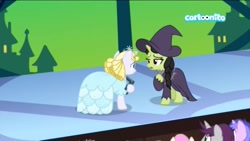 Size: 2048x1152 | Tagged: safe, deleted from derpibooru, imported from derpibooru, screencap, sea swirl, seafoam, twinkleshine, written script, pony, unicorn, between dark and dawn, actress, audience, braid, clothes, duo focus, elphaba, female, glinda, glinda the good witch, green, hat, lotta little things, mare, musical, play, ringlets, the wizard of oz, wicked, wicked witch, wicked witch of the west, witch, witch hat
