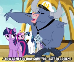 Size: 599x500 | Tagged: safe, edit, edited screencap, imported from derpibooru, screencap, iron will, night light, princess cadance, shining armor, twilight sparkle, twilight velvet, alicorn, minotaur, pony, unicorn, once upon a zeppelin, airship, brown sugar (song), caption, cropped, image macro, microphone, rolling stones, song reference, text, the rolling stones, twilight sparkle (alicorn), zeppelin