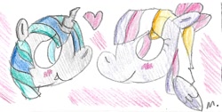 Size: 1207x608 | Tagged: safe, artist:ptitemouette, imported from derpibooru, oc, oc:philia agape armet, oc:swan lake, changepony, hybrid, kindverse, interspecies offspring, oc x oc, offspring, parent:queen chrysalis, parent:shining armor, parents:shining chrysalis, shipping