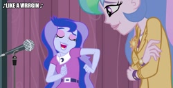Size: 977x500 | Tagged: safe, edit, edited screencap, imported from derpibooru, screencap, princess celestia, princess luna, equestria girls, friendship games, caption, female, image macro, like a virgin, madonna, microphone, singing, song, song reference, text, virgin