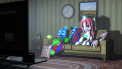 Size: 1920x1080 | Tagged: safe, artist:christian69229, imported from derpibooru, oc, oc only, oc:christian clefnote, oc:nekonin, alicorn, pony, 3d, alicorn oc, clock, clothes, couch, joycon, male, nintendo switch, playing, socks, source filmmaker, stallion, striped socks, television, upside down