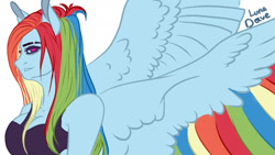 Size: 1280x720 | Tagged: safe, artist:luna dave, imported from derpibooru, rainbow dash, anthro, pegasus, badass, colored wings, eyeliner, eyeshadow, female, makeup, mare, no pupils, simple background, solo, white background, wings