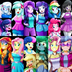 Size: 1024x1024 | Tagged: safe, artist:the-butch-x, edit, imported from derpibooru, applejack, bon bon, fluttershy, juniper montage, lyra heartstrings, octavia melody, pinkie pie, rainbow dash, rarity, sci-twi, starlight glimmer, sunset shimmer, sweetie drops, trixie, twilight sparkle, vignette valencia, wallflower blush, equestria girls, equestria girls series, anime, background human, breasts, cleavage, clothes, collage, dress, fluttershy boho dress, geode of empathy, geode of fauna, geode of shielding, geode of sugar bombs, geode of super strength, geode of telekinesis, magical geodes