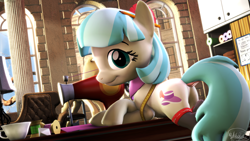 Size: 3840x2160 | Tagged: safe, artist:whiteskyline, imported from derpibooru, coco pommel, earth pony, pony, 3d, butt, clothes, column, copper and tellurium, dock, female, lamp, looking at you, mare, plot, sewing machine, solo, source filmmaker, stockings, thigh highs