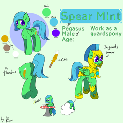 Size: 1080x1080 | Tagged: safe, artist:jerryenderby, imported from derpibooru, oc, oc only, oc:spear mint, pegasus, pony, armor, breakfast, burger, cloud, commission, cutie mark, flank, food, guard, looking at you, male, reference, reference sheet, simple background, simple shading, sleeping, smiling, standing, sticker, table