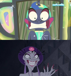 Size: 1500x1600 | Tagged: safe, imported from derpibooru, screencap, princess luna, human, pony, between dark and dawn, cartoonito logo, comparison, faic, female, mare, the emperor's new groove, yzma