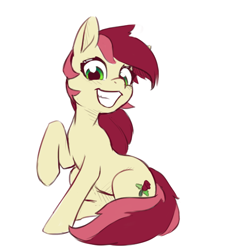 Size: 874x972 | Tagged: artist needed, safe, imported from derpibooru, roseluck, earth pony, pony, cute, female, mare, simple background, sitting, smiling, solo