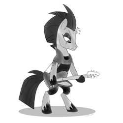 Size: 768x768 | Tagged: safe, artist:tim-kangaroo, imported from derpibooru, fizzlepop berrytwist, tempest shadow, pony, unicorn, bipedal, female, guitar, hoof hold, looking down, magic, mare, monochrome, musical instrument, playing instrument, shadow, simple background, solo, white background