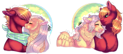 Size: 1239x551 | Tagged: safe, artist:malinraf1615, imported from derpibooru, big macintosh, fluttershy, pony, bandana, blushing, buttermac, butterscotch, cheek fluff, chest feathers, eyes closed, female, fluttermac, flutterreina, gay, half r63 shipping, lesbian, male, neck fluff, obtrusive watermark, rule 63, shipping, signature, simple background, transparent background, watermark