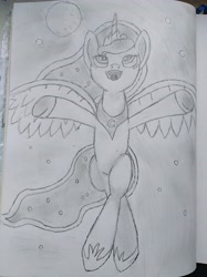 Size: 3016x4032 | Tagged: safe, artist:zeka10000, imported from derpibooru, princess luna, pony, drawing, flying, happy, happy face, looking up, moon, night, night sky, notebook, pencil drawing, sketch, sky, stars, traditional art, wondering