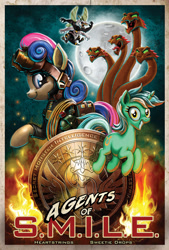 Size: 1350x2000 | Tagged: safe, artist:harwick, imported from derpibooru, bon bon, lyra heartstrings, princess celestia, bugbear, earth pony, hydra, pony, unicorn, agents of shield, clothes, cute, excited, full moon, irrational exuberance, jumping, lyra doing lyra things, lyrabetes, medallion, moon, movie poster, multiple heads, night vision goggles, paw pads, pronking, s.m.i.l.e., secret agent sweetie drops, smiling