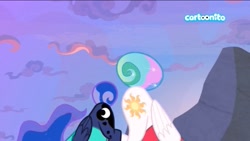 Size: 1280x720 | Tagged: safe, deleted from derpibooru, imported from derpibooru, screencap, princess celestia, princess luna, alicorn, pony, between dark and dawn, butt, face down ass up, female, mare, moonbutt, out of context, plot, royal sisters, sunbutt, tail bun