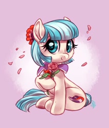 Size: 2550x3000 | Tagged: safe, artist:whitediamonds, imported from derpibooru, coco pommel, earth pony, pony, cheek fluff, cocobetes, cute, ear fluff, female, flower, looking at you, mare, sitting, solo