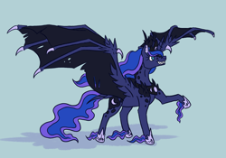 Size: 1024x717 | Tagged: safe, artist:moonrisethemage, imported from derpibooru, princess luna, alicorn, bat pony, bat pony alicorn, pony, alternate design, bat ponified, colored fetlocks, crown, dragon wings, ethereal fetlocks, ethereal mane, female, hoof shoes, jewelry, large wings, lunabat, mare, peytral, race swap, raised hoof, regalia, shoulder feathers, simple background, smiling, solo, spread wings, tattered, tattered wings, teal background, unshorn fetlocks, wing claws, wings