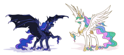 Size: 5400x2400 | Tagged: safe, artist:moonrisethemage, imported from derpibooru, princess celestia, princess luna, alicorn, bat pony, bat pony alicorn, pony, absurd resolution, alternate design, bat ponified, colored fetlocks, comparison, crown, dragon wings, duo, ethereal fetlocks, ethereal mane, female, hoof shoes, horn, jewelry, large wings, long horn, lunabat, mare, peytral, race swap, raised hoof, regalia, royal sisters, shoulder feathers, simple background, sisters, smiling, spread wings, tattered, tattered wings, unshorn fetlocks, white background, wing claws, wings