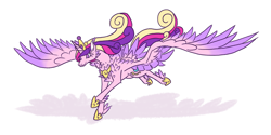 Size: 1024x512 | Tagged: safe, artist:moonrisethemage, imported from derpibooru, princess cadance, alicorn, pony, alternate design, colored wings, feathered fetlocks, female, galloping, hoof shoes, jewelry, large wings, mare, peytral, shoulder feathers, simple background, solo, spread wings, tail feathers, tiara, white background, wings